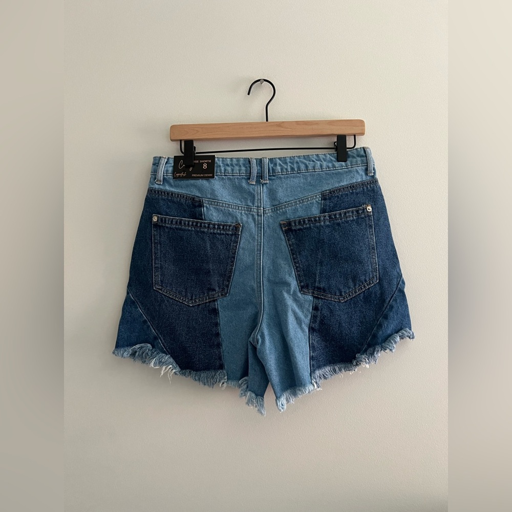 Copper Flash Hi Rise Patchwork Denim Cutoff Shortie Shorts - Picture 4 of 6